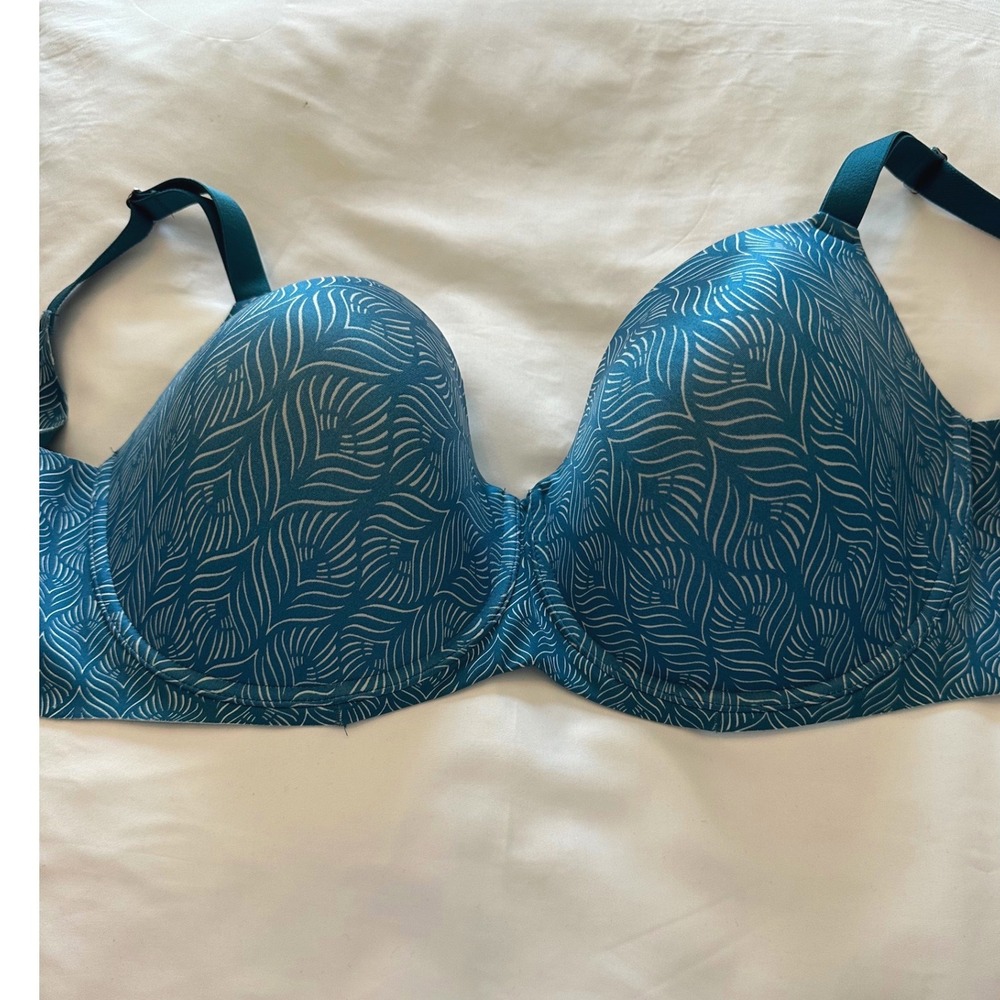 Soma Vanishing Back Balconet Bra 40G Teal Blue Feather Print Underwire 061701